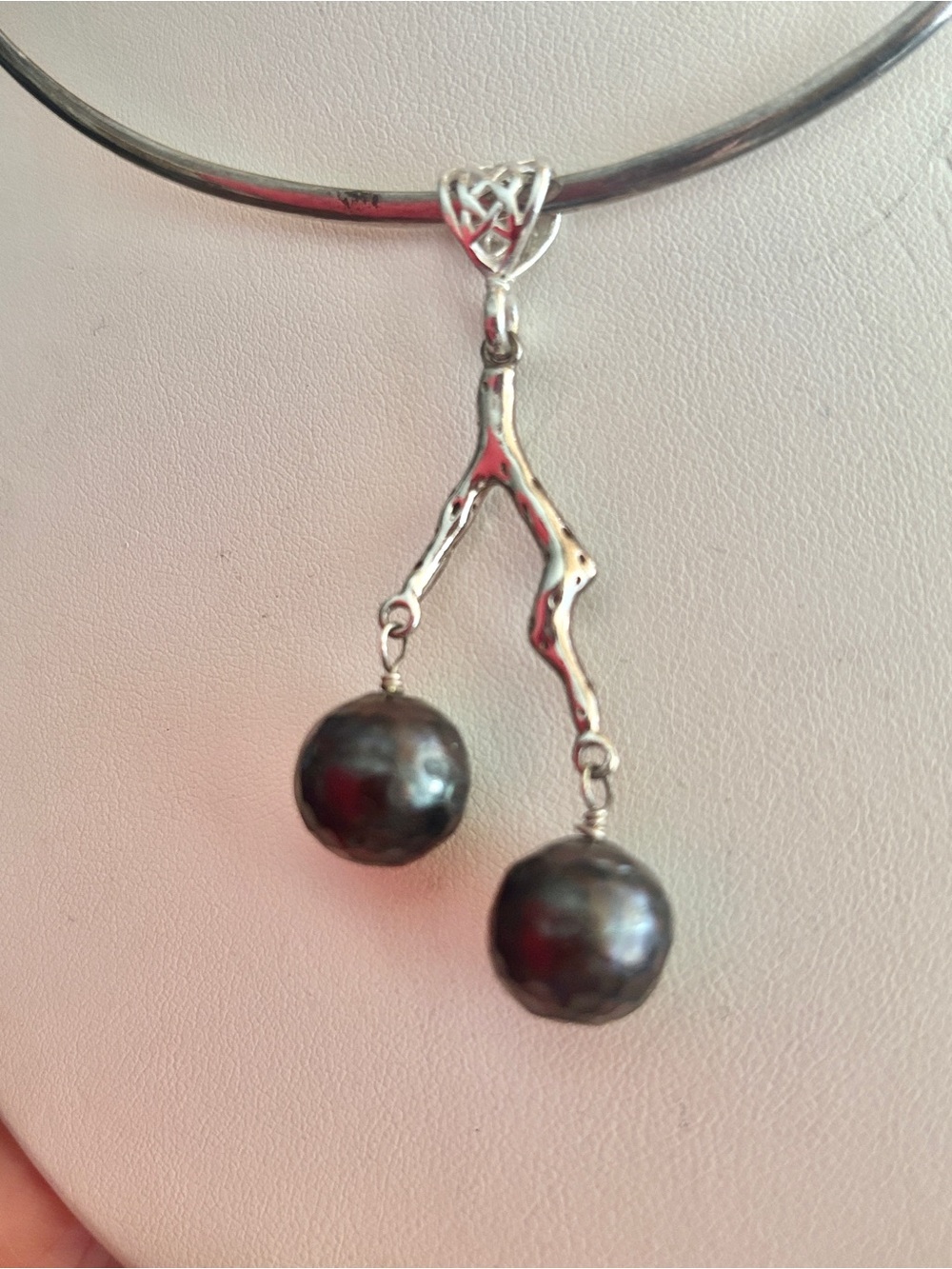Sterling Silver Coral Branch with Faceted Black Cultured Pearl Drops Pendant